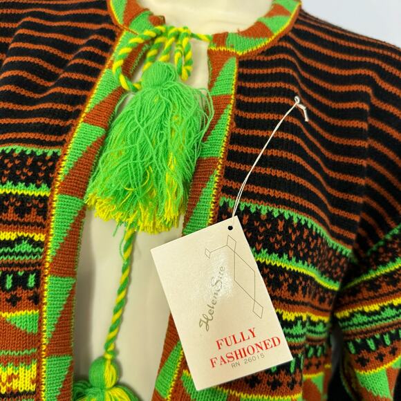 Helen Sue Vtg 70s Southwest Motifs Print Cardigan Tassel Tie Closure Bohemian - Picture 9 of 14